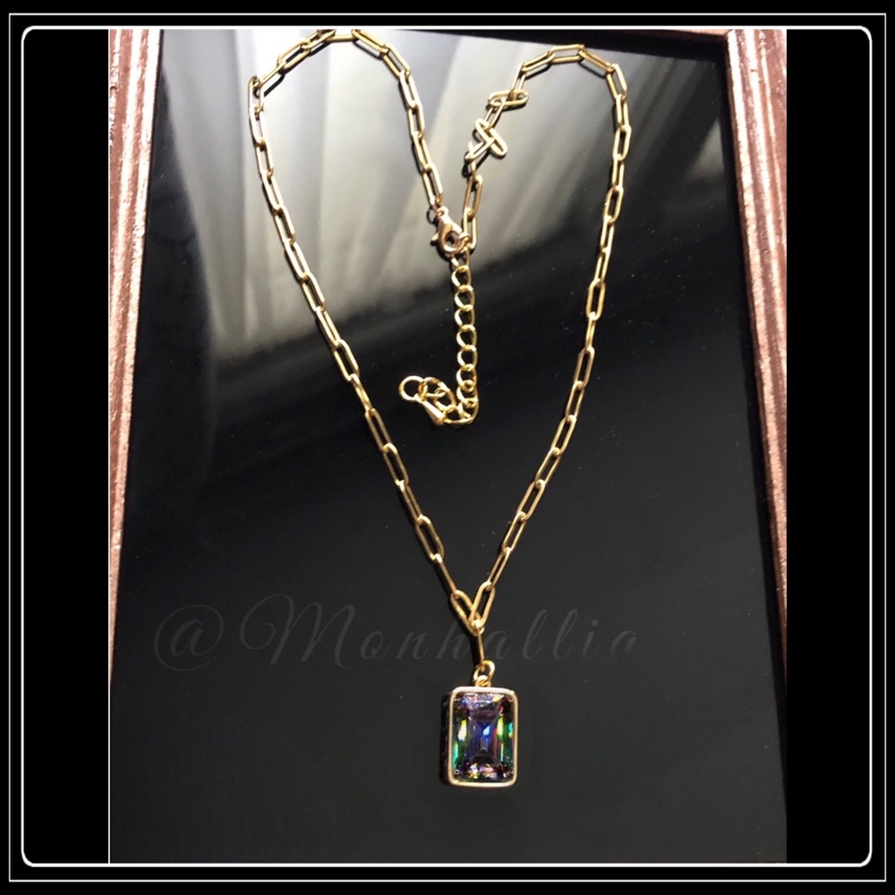 NEW 14K GOLD PAPERCLIP CRYSTAL PRISM STONE HANG CUSTOM PENDANT NECKLACE - Picture 6 of 7